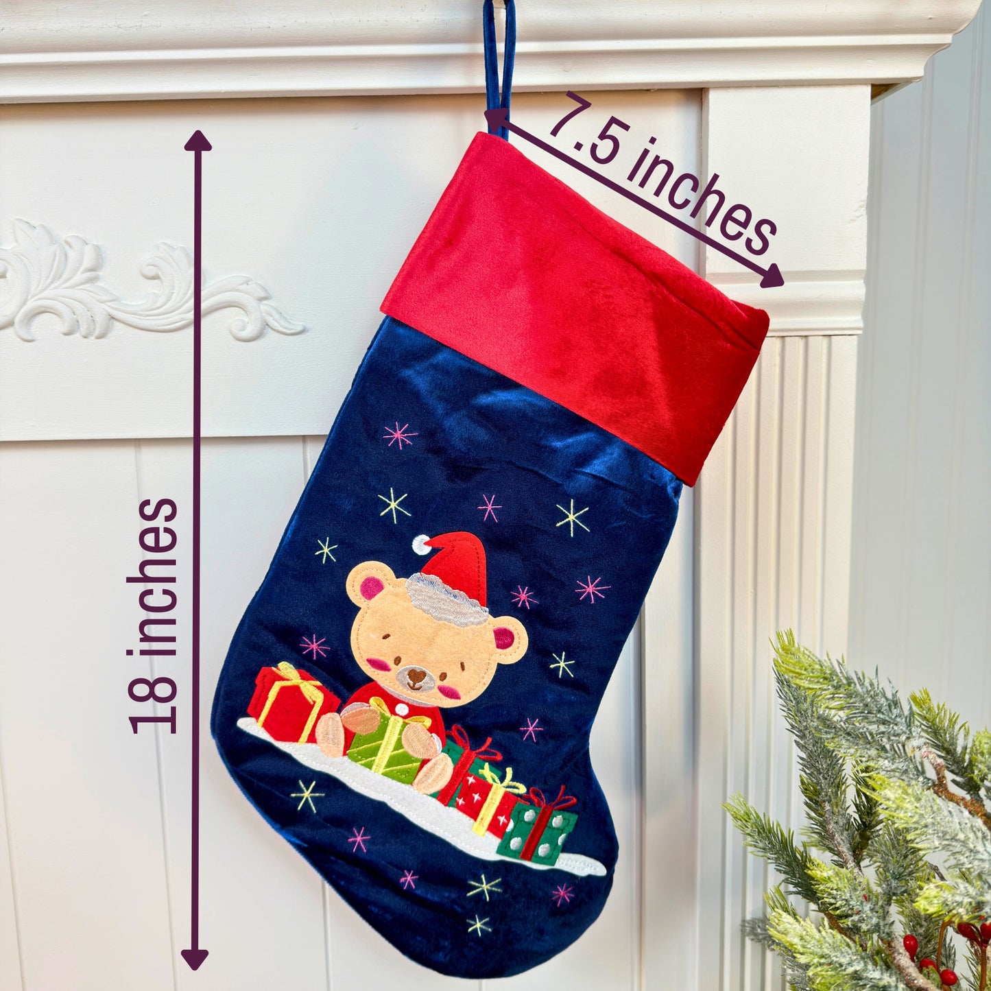 Blue Velvet Christmas Stockings with custom appliqué characters, Embroidery blanks