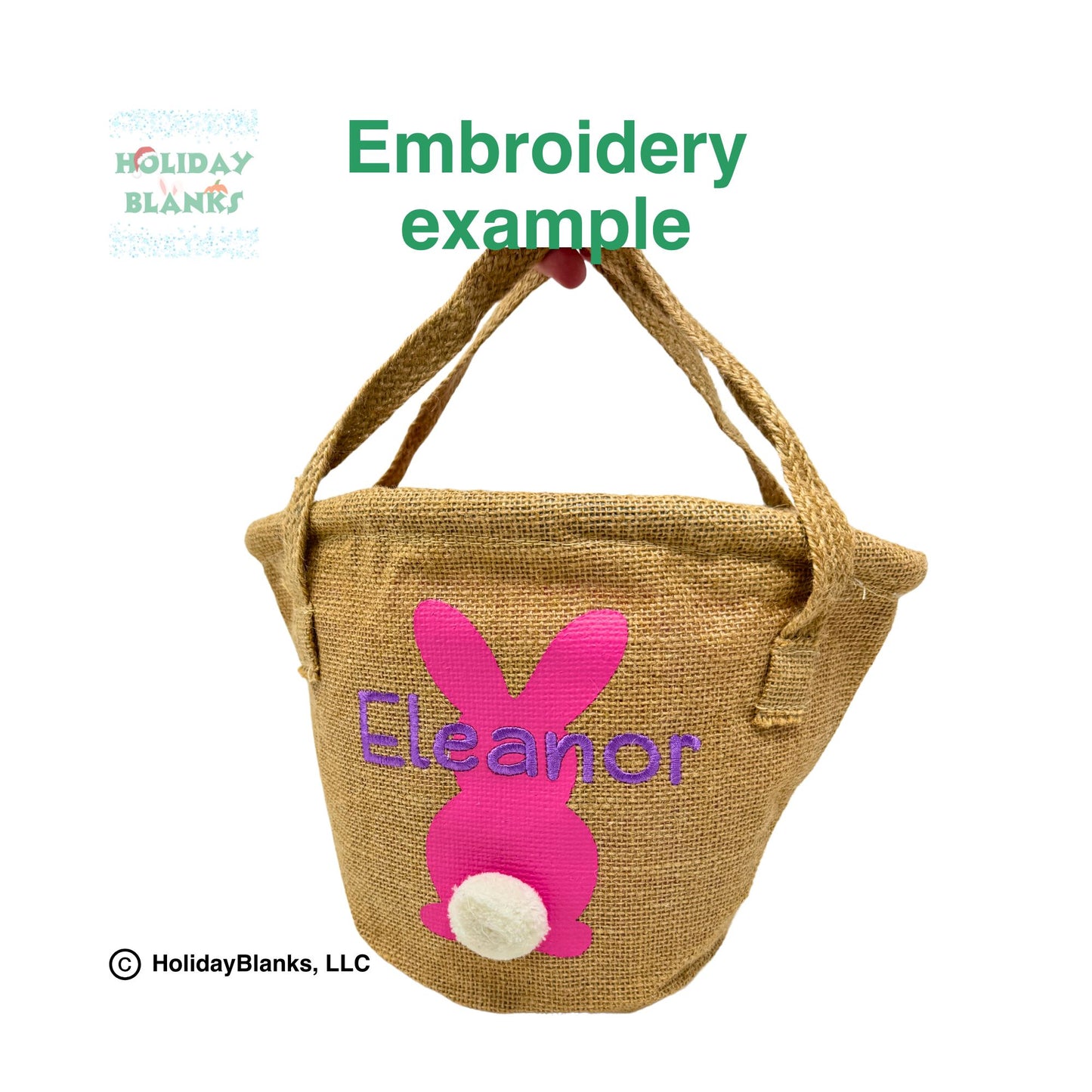 Burlap Easter basket embroidery blanks with puffy tailed bunny