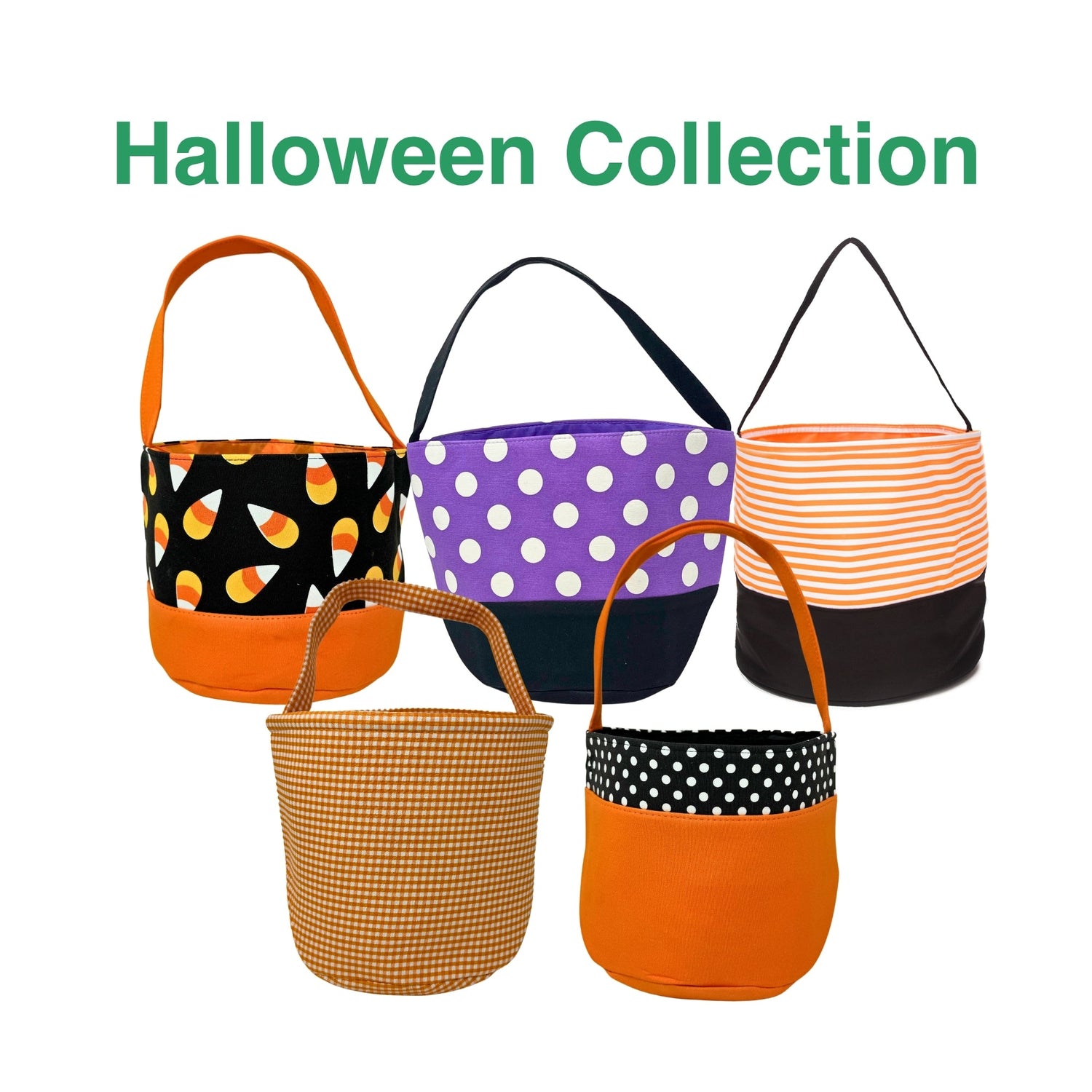 These are halloween themed basket with appliqué images of bats, ghosts, Frankenstein and pumpkins with large dots for the basket design
