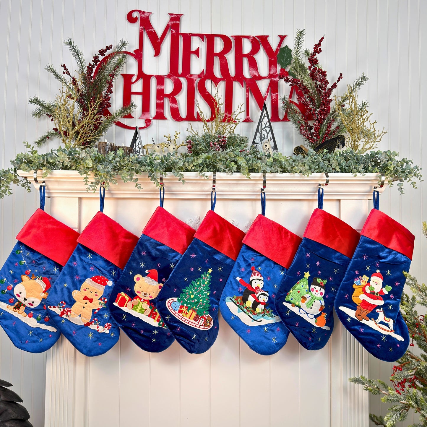 Blue Velvet Christmas Stockings with custom appliqué characters, Embroidery blanks