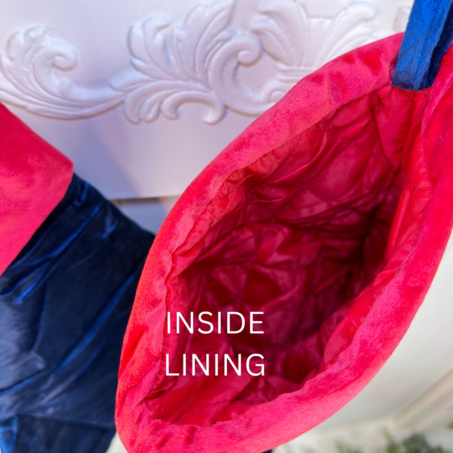 Blue Velvet Christmas Stockings with custom appliqué characters, Embroidery blanks