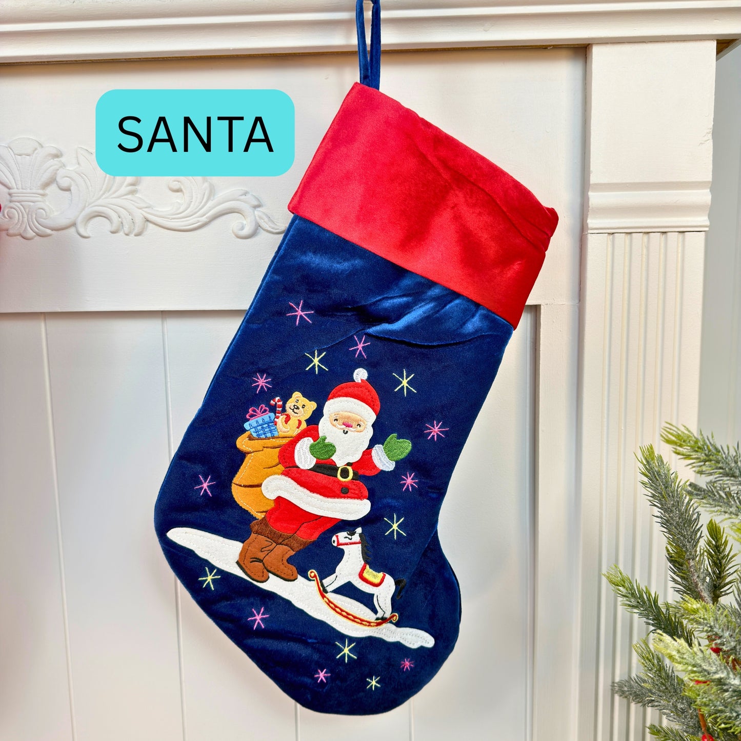 Blue Velvet Christmas Stockings with custom appliqué characters, Embroidery blanks