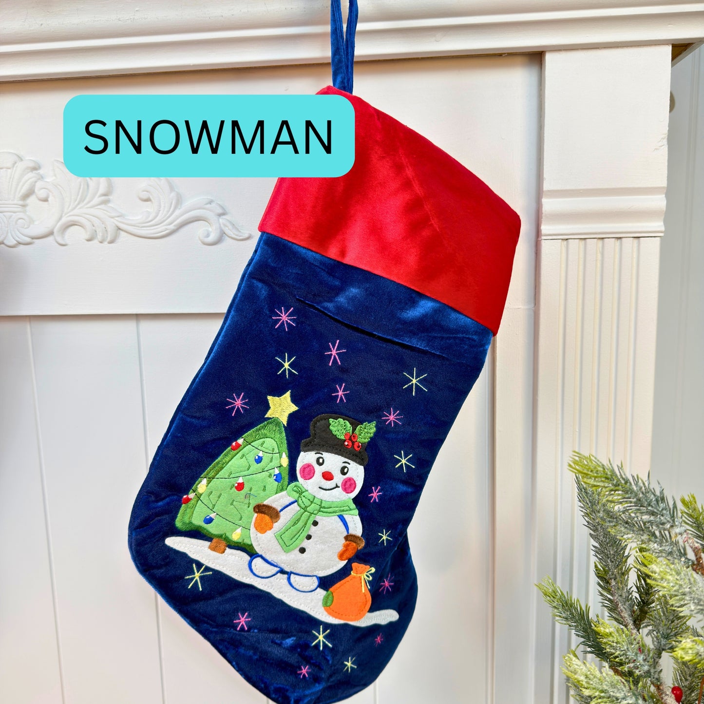 Blue Velvet Christmas Stockings with custom appliqué characters, Embroidery blanks