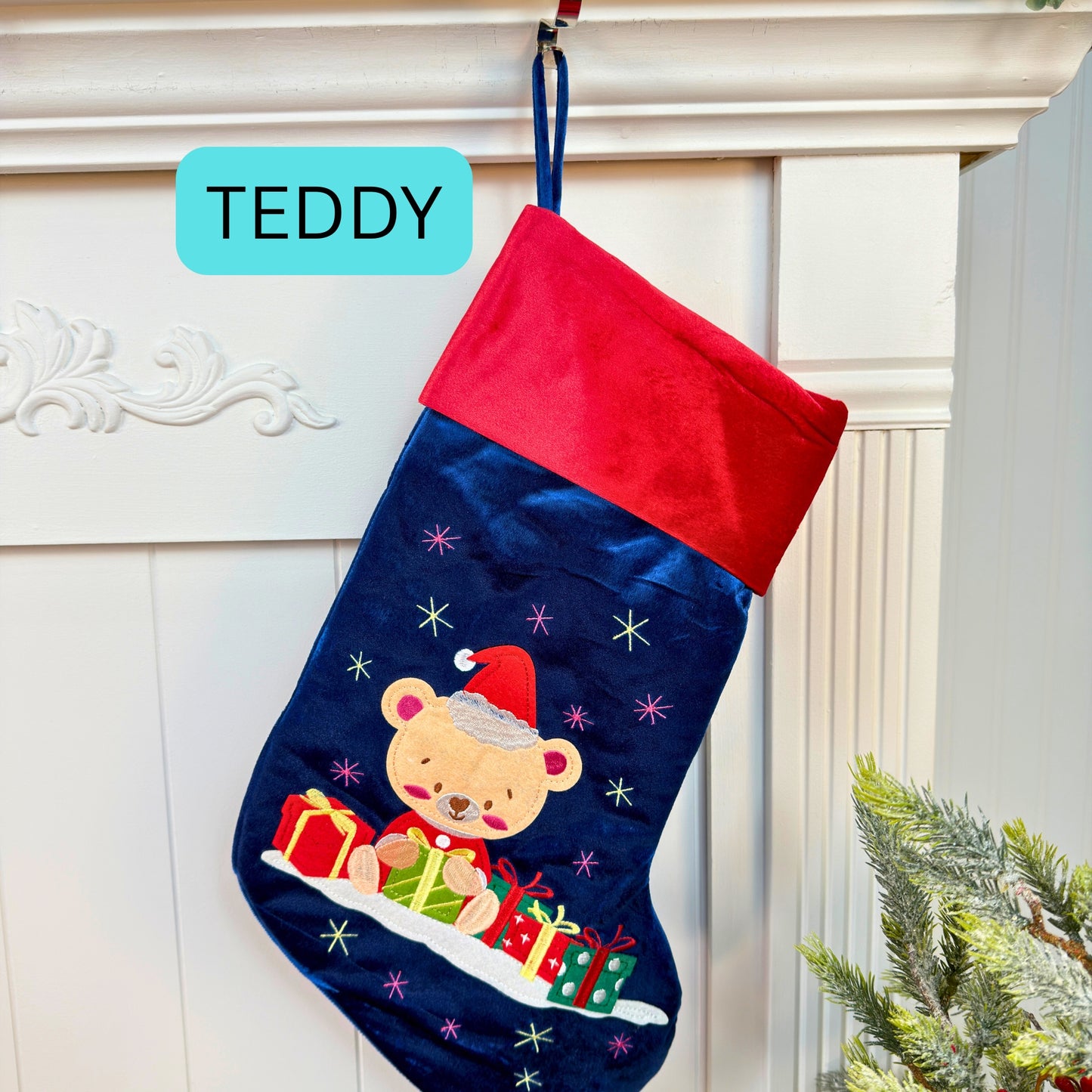 Blue Velvet Christmas Stockings with custom appliqué characters, Embroidery blanks
