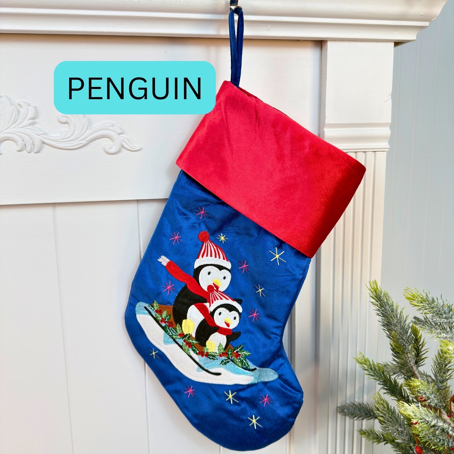 Blue Velvet Christmas Stockings with custom appliqué characters, Embroidery blanks