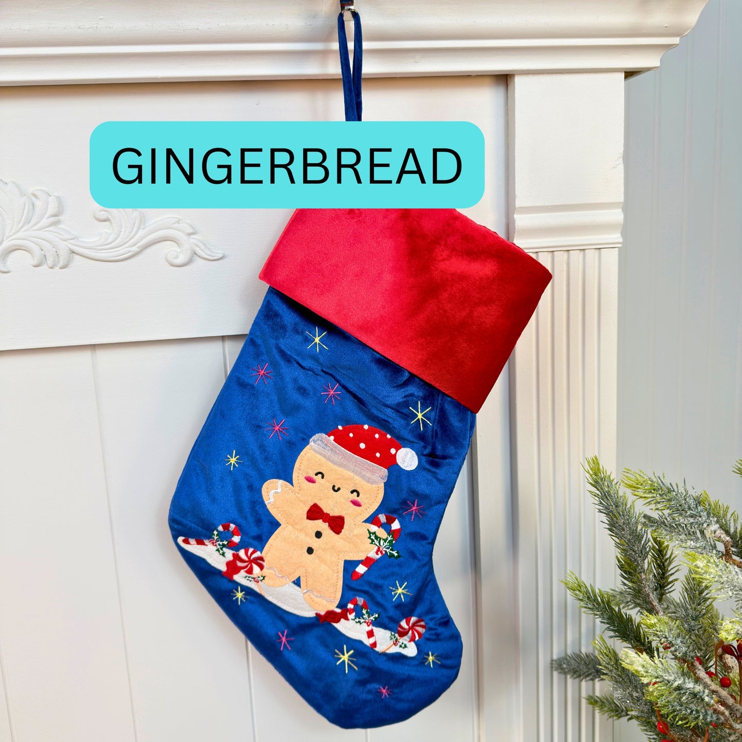 Blue Velvet Christmas Stockings with custom appliqué characters, Embroidery blanks