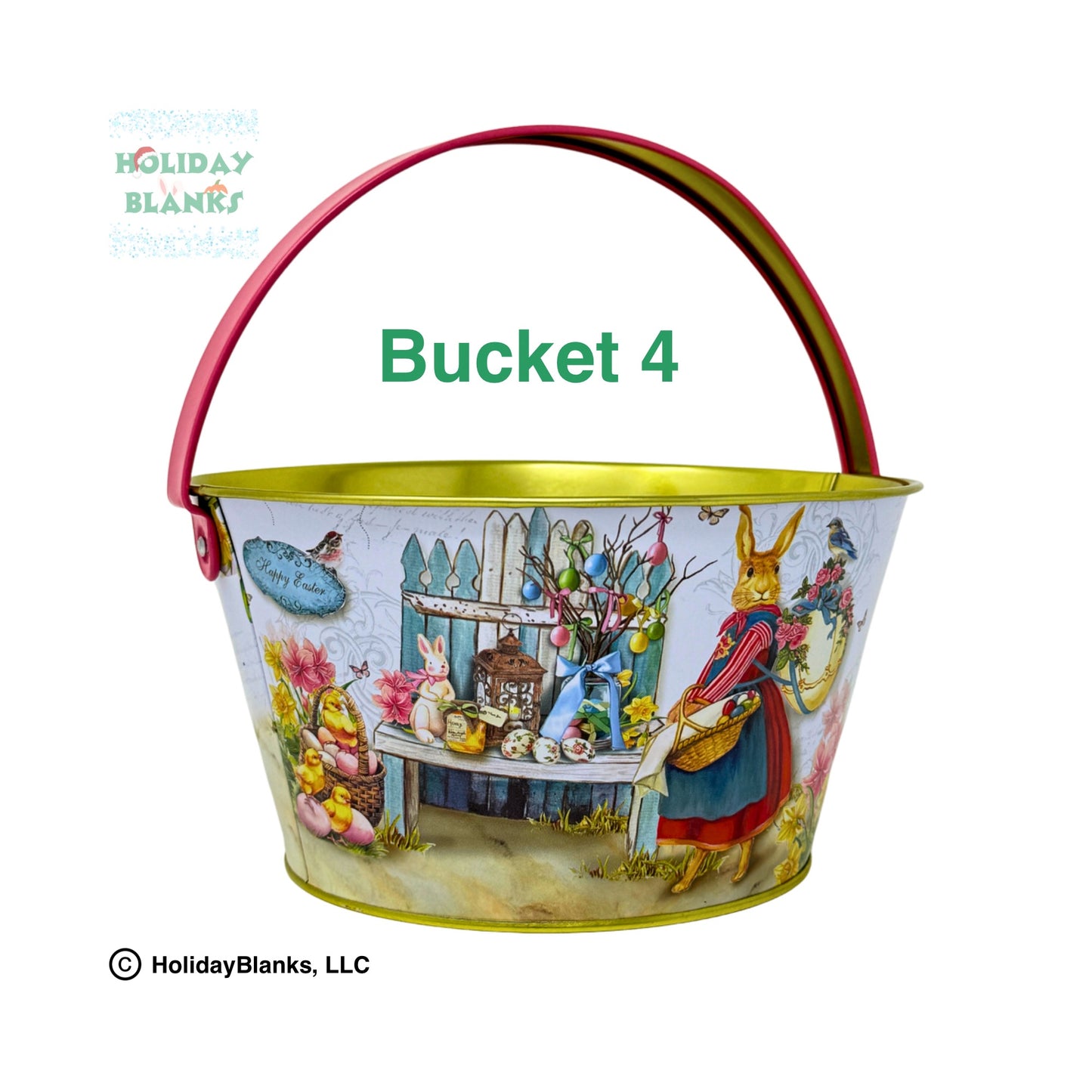 Small Light Metal Easter Bucket Pail Decor with 6 Unique Antique Designs with Colored Handle