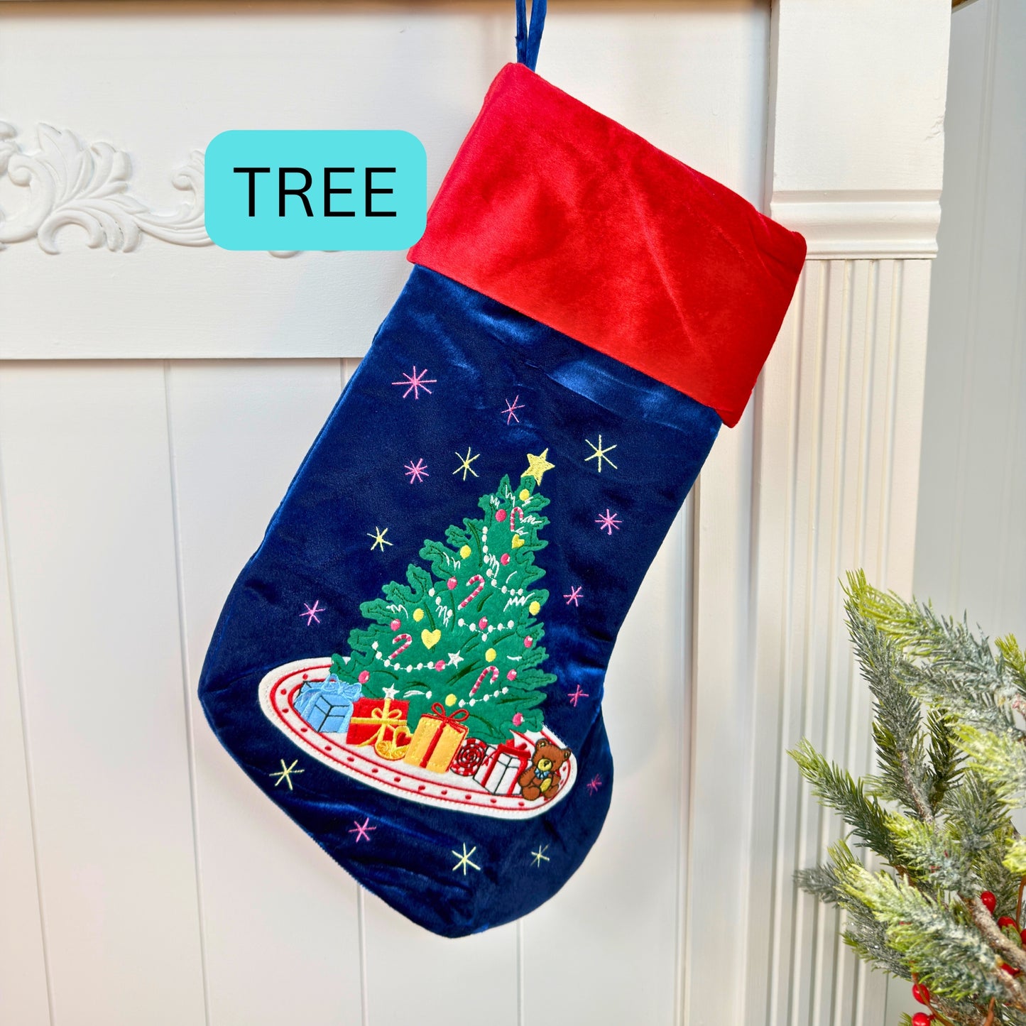 Blue Velvet Christmas Stockings with custom appliqué characters, Embroidery blanks