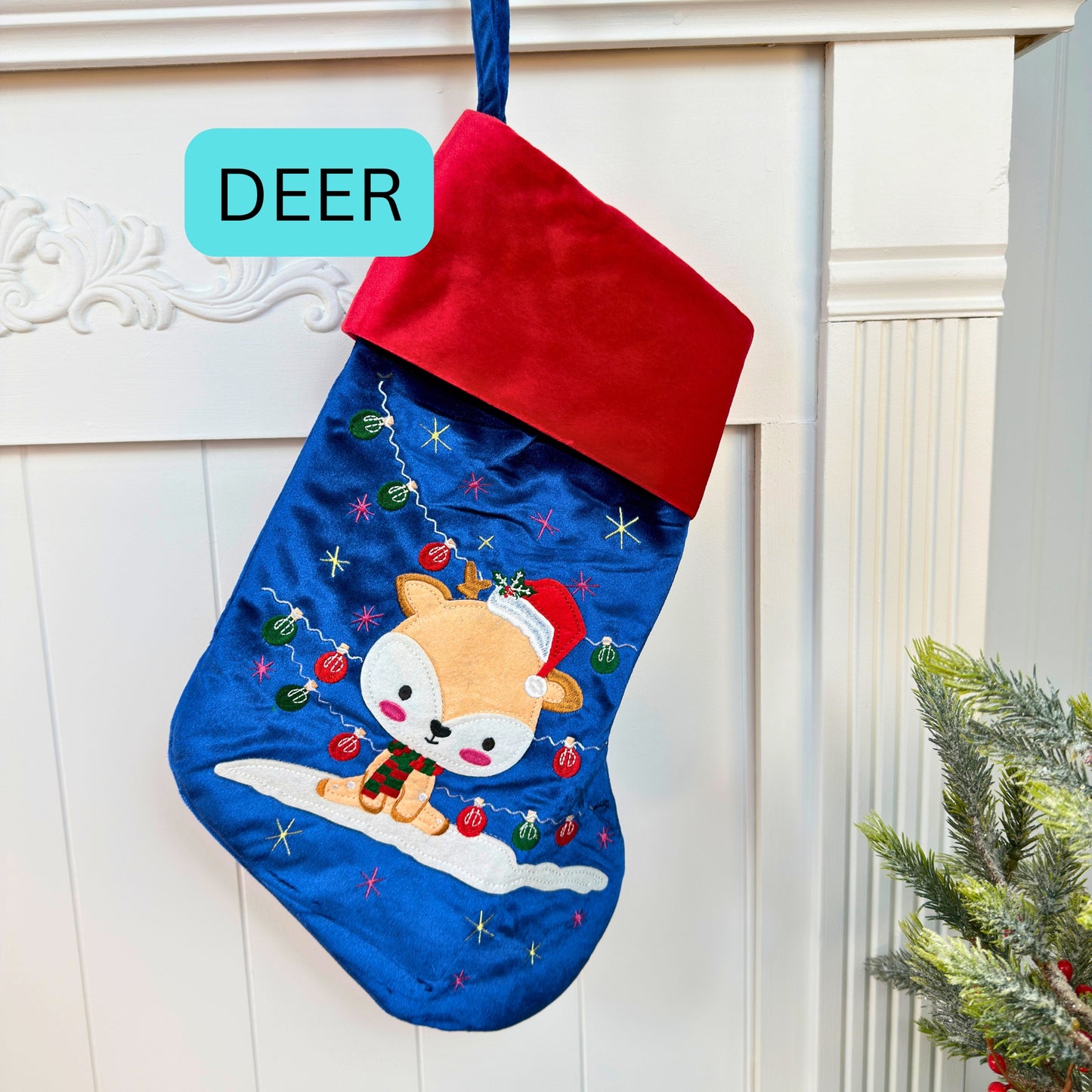 Blue Velvet Christmas Stockings with custom appliqué characters, Embroidery blanks