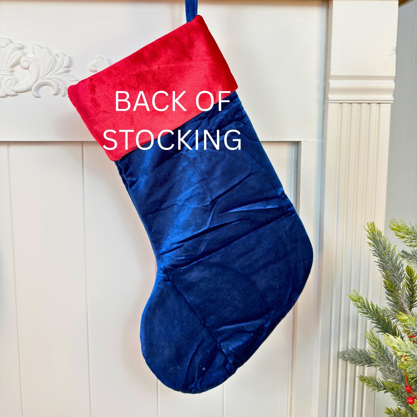 Blue Velvet Christmas Stockings with custom appliqué characters, Embroidery blanks