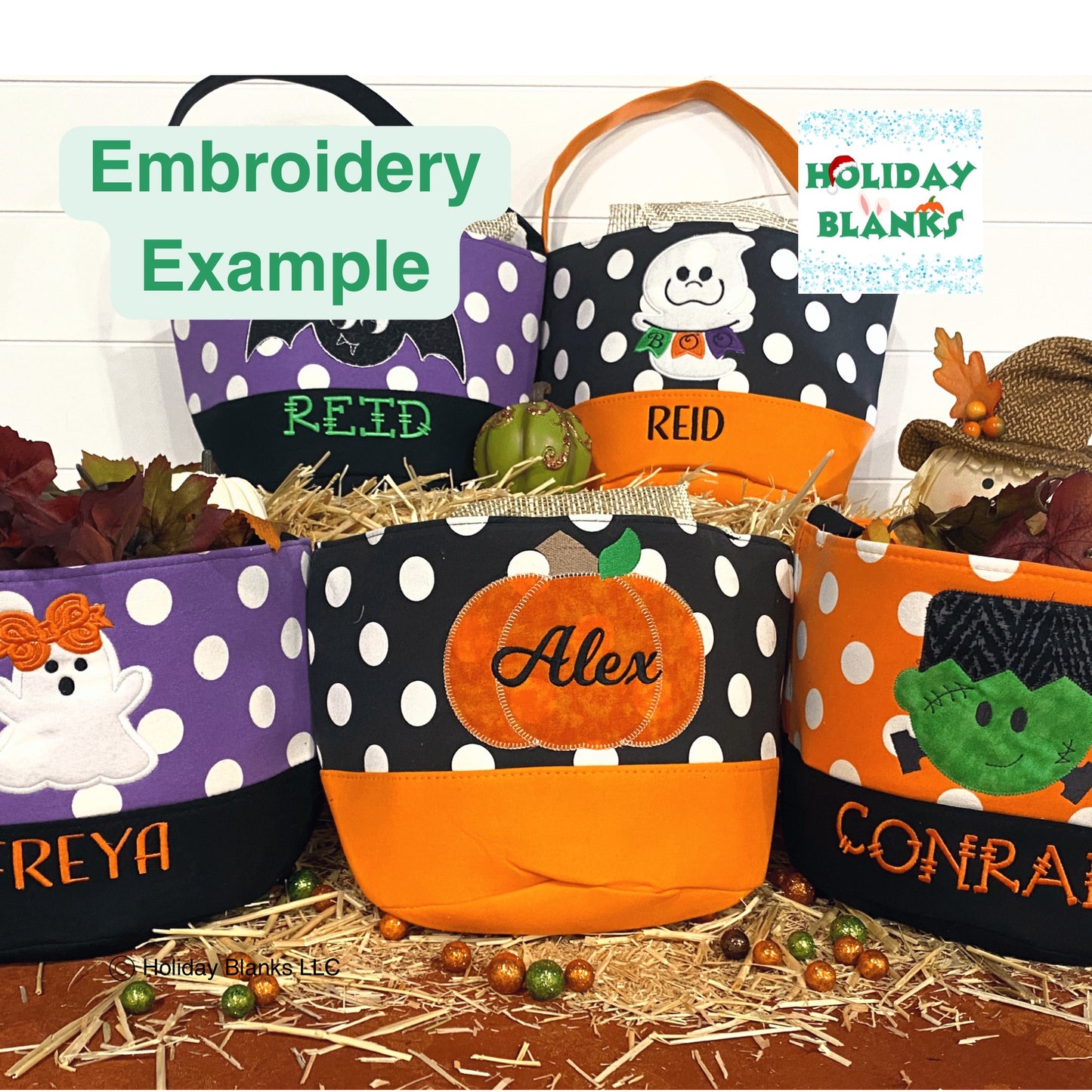 Halloween Basket Bucket Embroidery Blanks with Large Dot Design