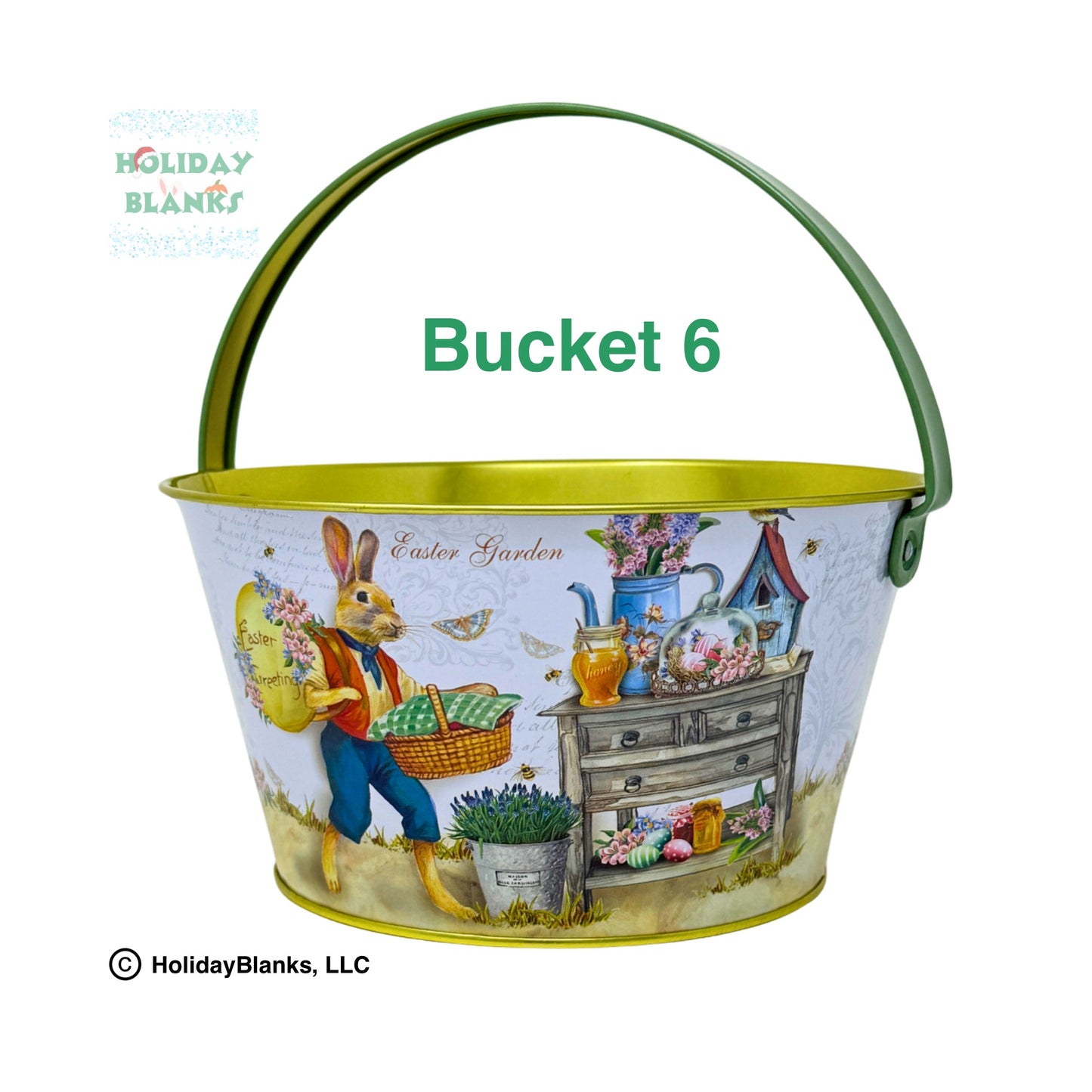 Small Light Metal Easter Bucket Pail Decor with 6 Unique Antique Designs with Colored Handle