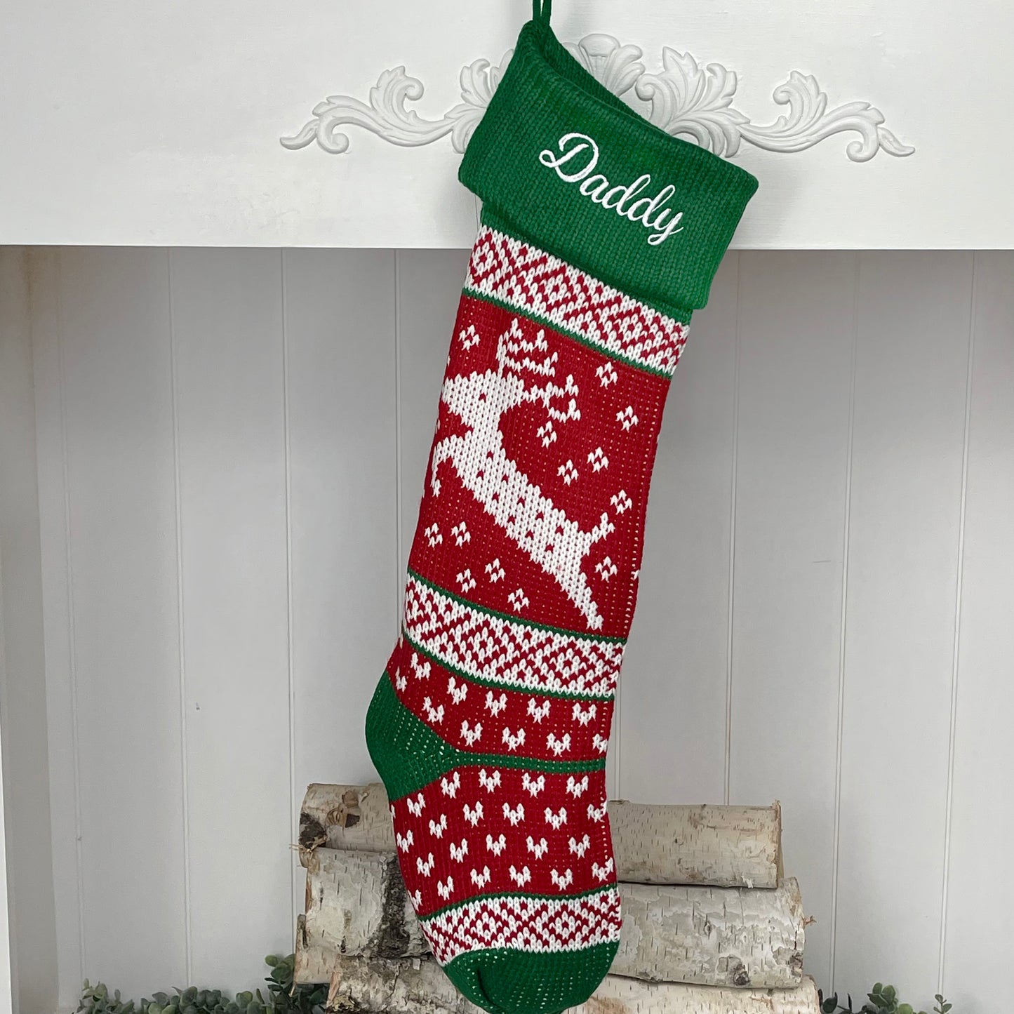 Extra Large Knit Stocking Blanks with Snowflake Deer patterns and Pet Stockings with Woof and Meow