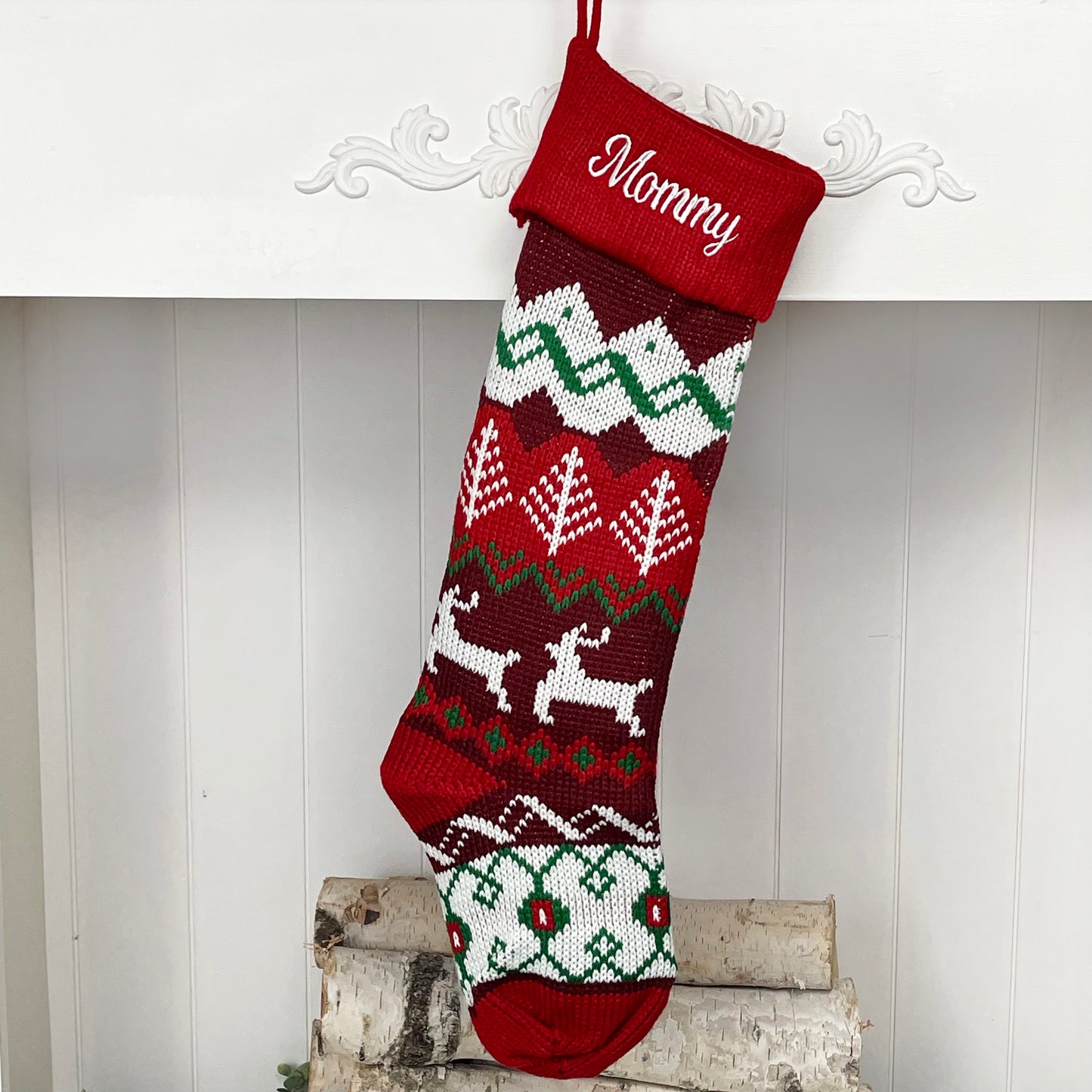 Extra Large Knit Stocking Blanks with Snowflake Deer patterns and Pet Stockings with Woof and Meow