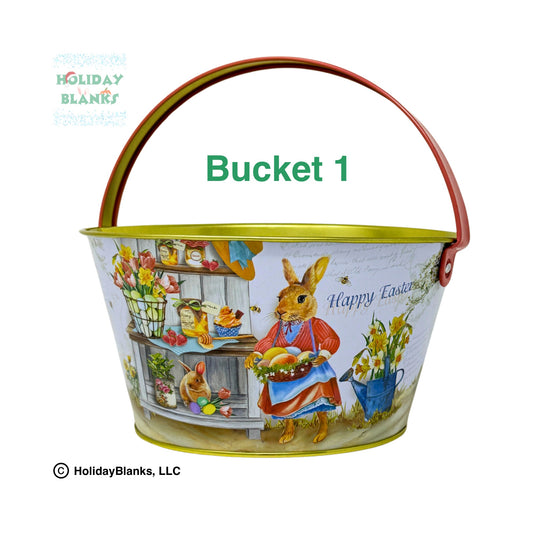 Small Light Metal Easter Bucket Pail Decor with 6 Unique Antique Designs with Colored Handle