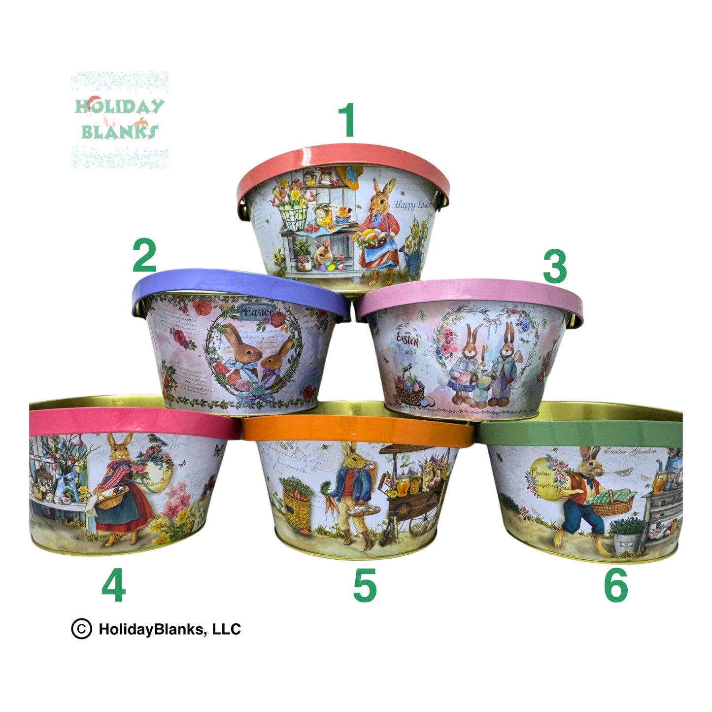 Small Light Metal Easter Bucket Pail Decor with 6 Unique Antique Designs with Colored Handle