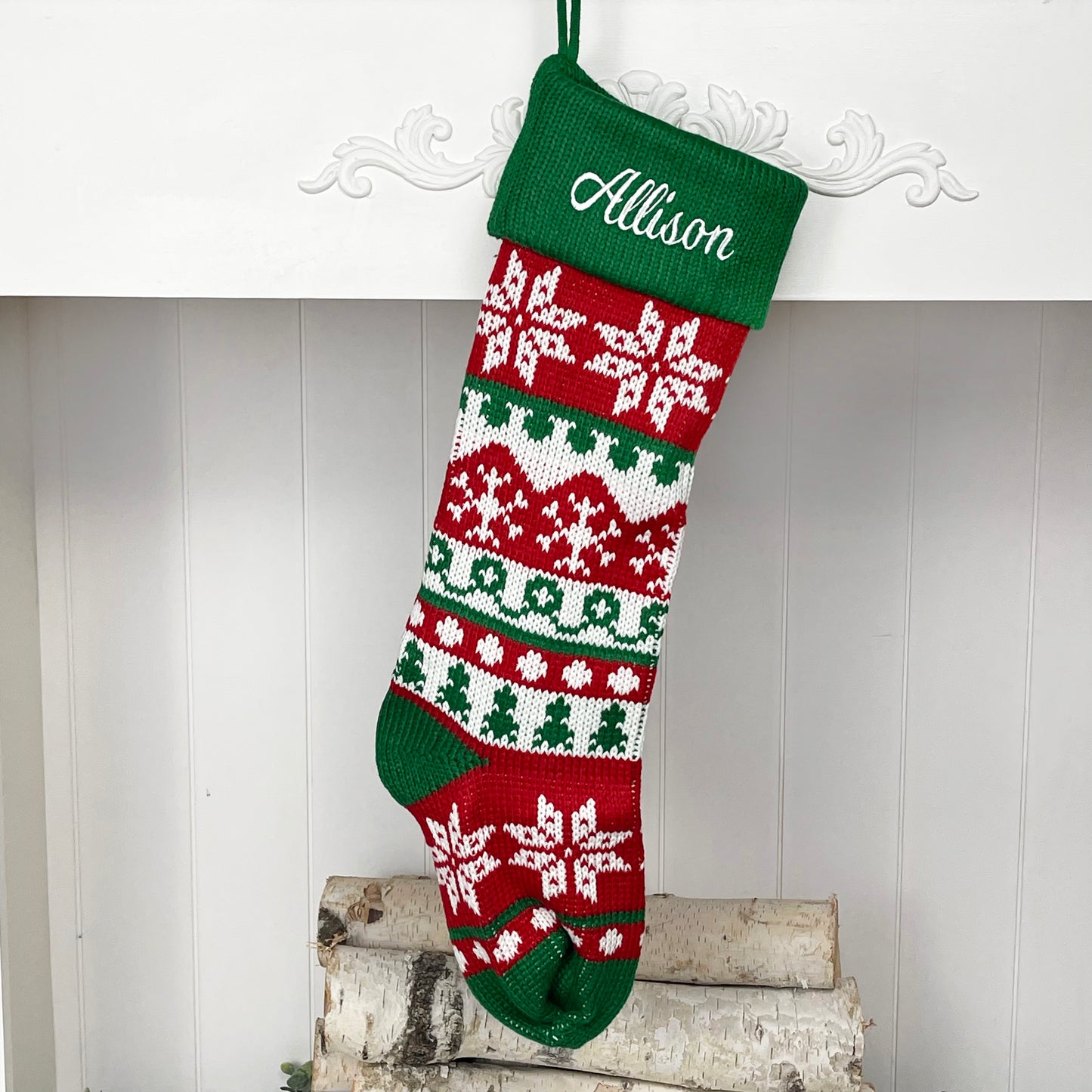 Extra Large Knit Stocking Blanks with Snowflake Deer patterns and Pet Stockings with Woof and Meow