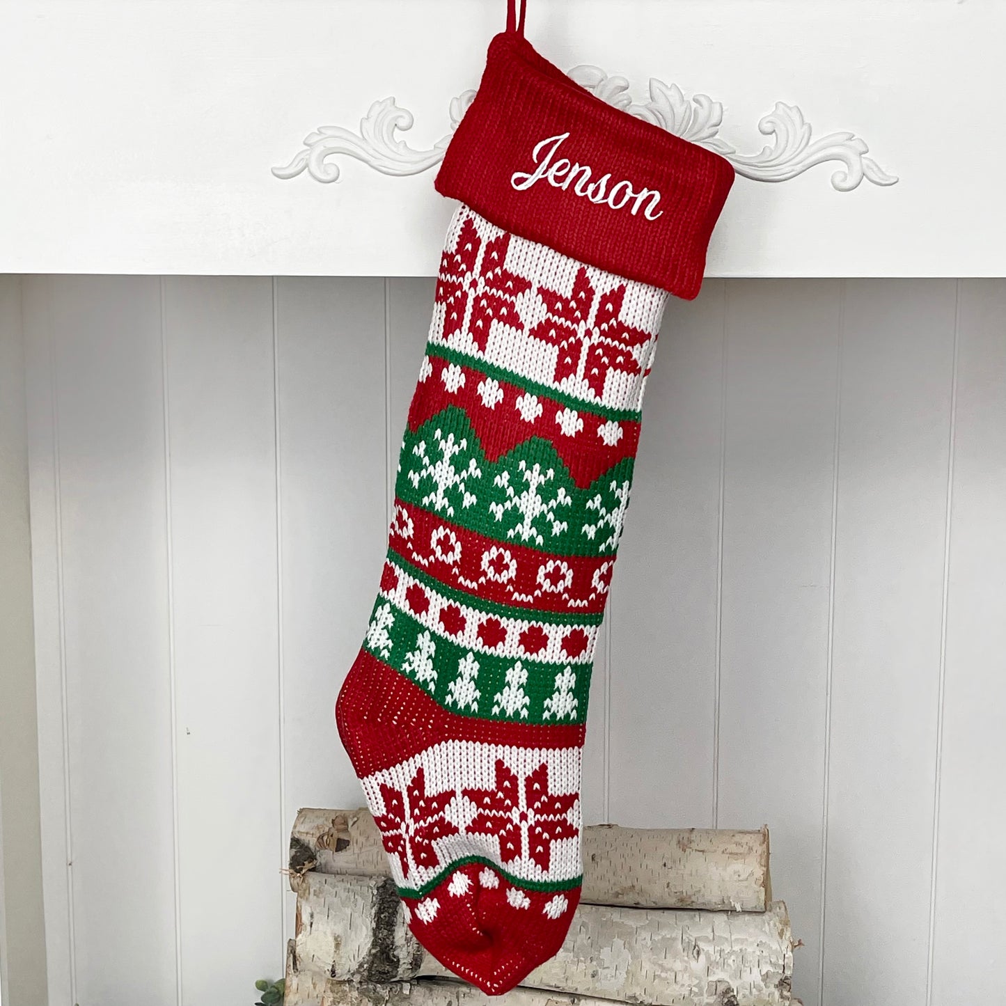 Extra Large Knit Stocking Blanks with Snowflake Deer patterns and Pet Stockings with Woof and Meow