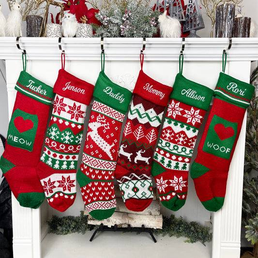 Extra Large Knit Stocking Blanks with Snowflake Deer patterns and Pet Stockings with Woof and Meow